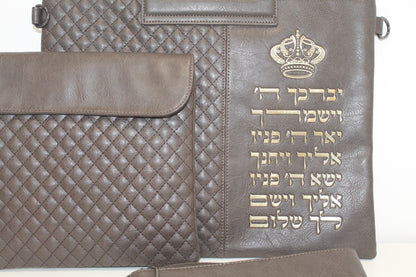 כיסוי טלית ותפילין עם ידית ורצועת נשיאה דגם דמוי עור חום